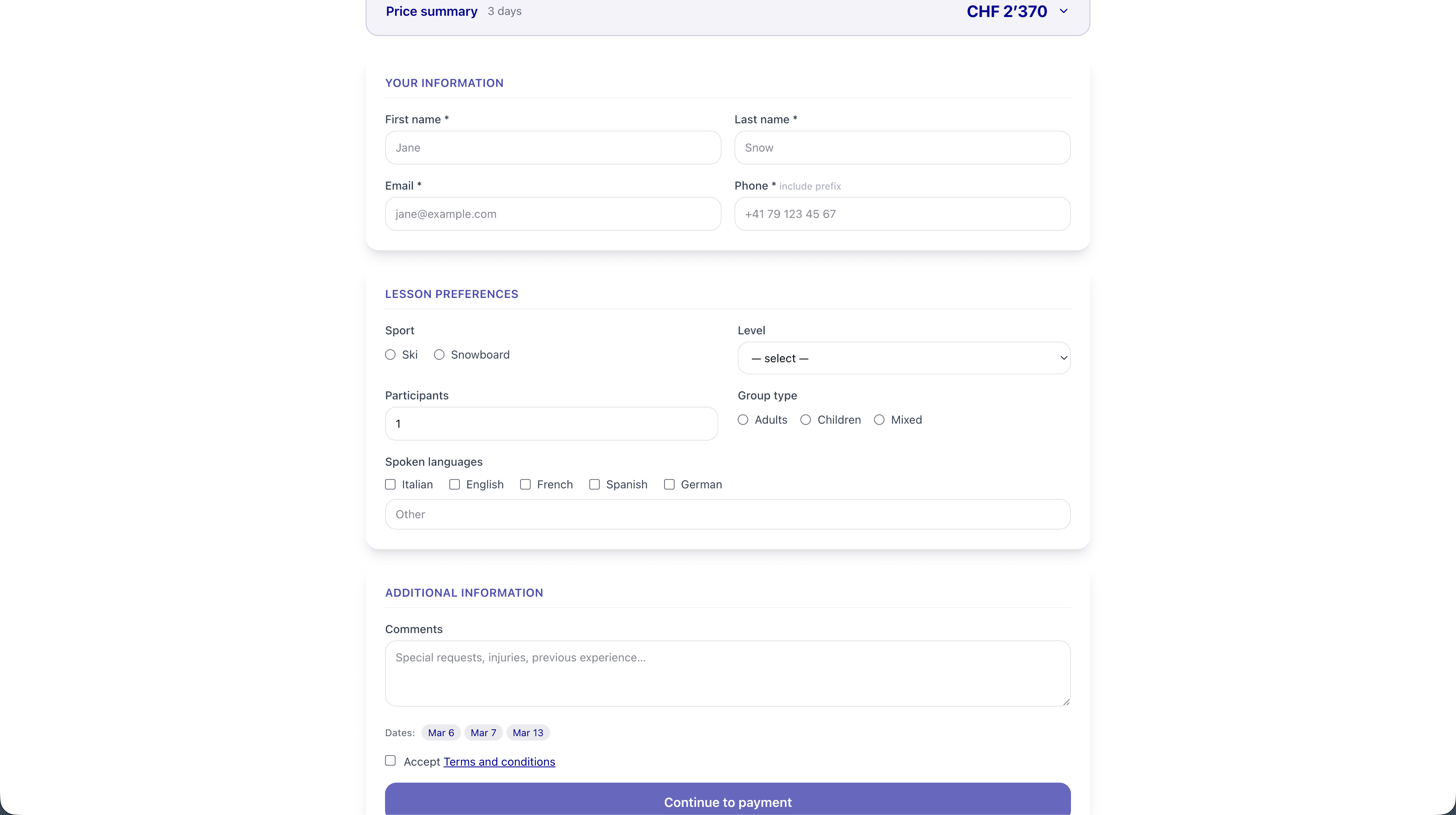 Booking section component